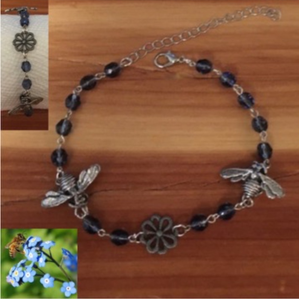 Handmade Honey Bees & Forget-me-Not Silver & Blue Beaded Bracelet